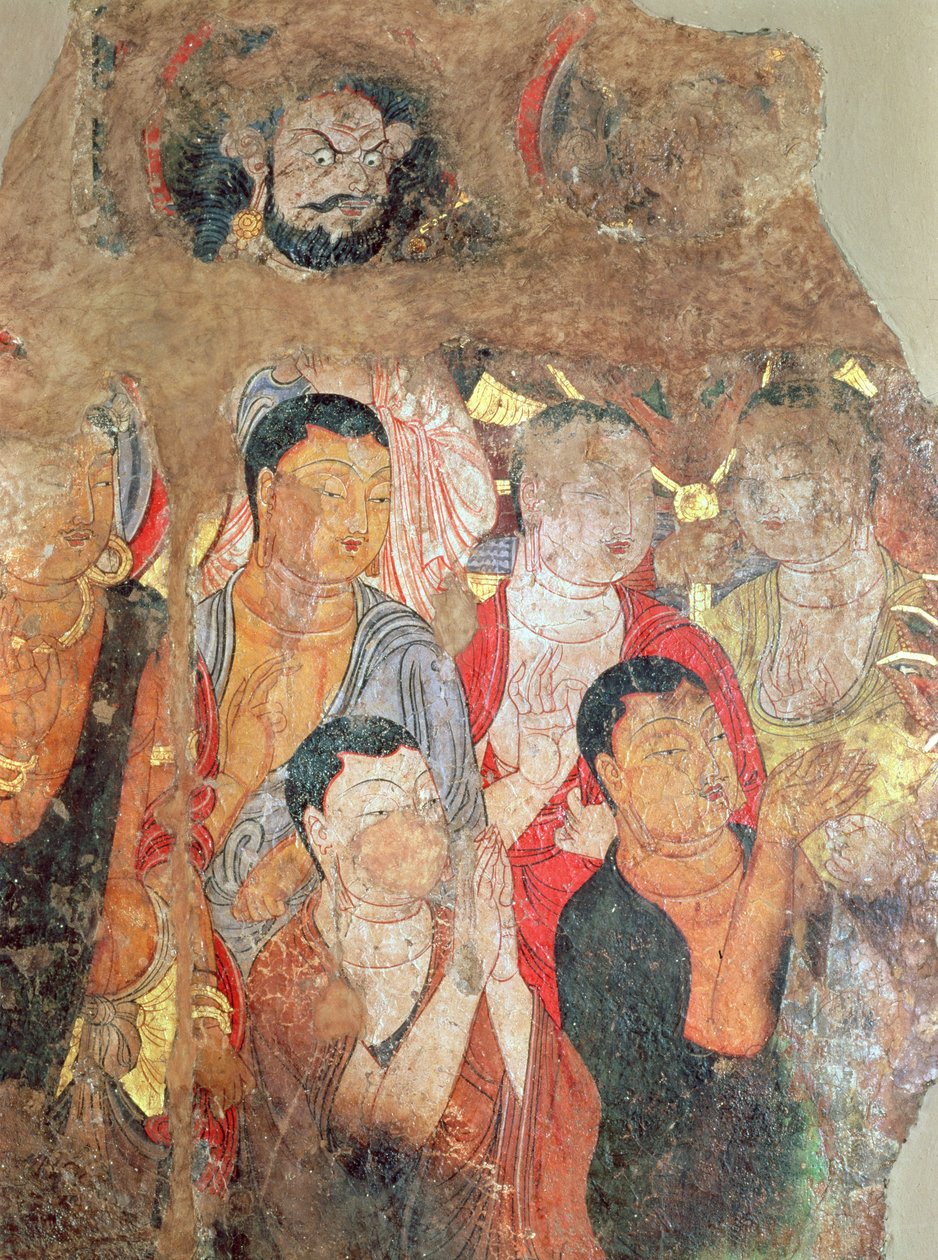 Groep monniken en Boeddha, uit het Shikshin-klooster, Karashar, 9e-10e eeuw (fragment van een schilderij) door Xingjiang
