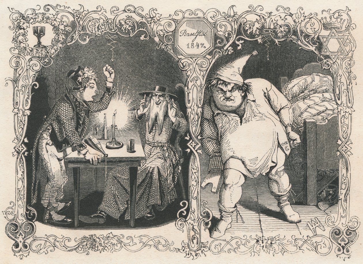 Gambrinus bespiedt Bacchus en Noach door Xylographie