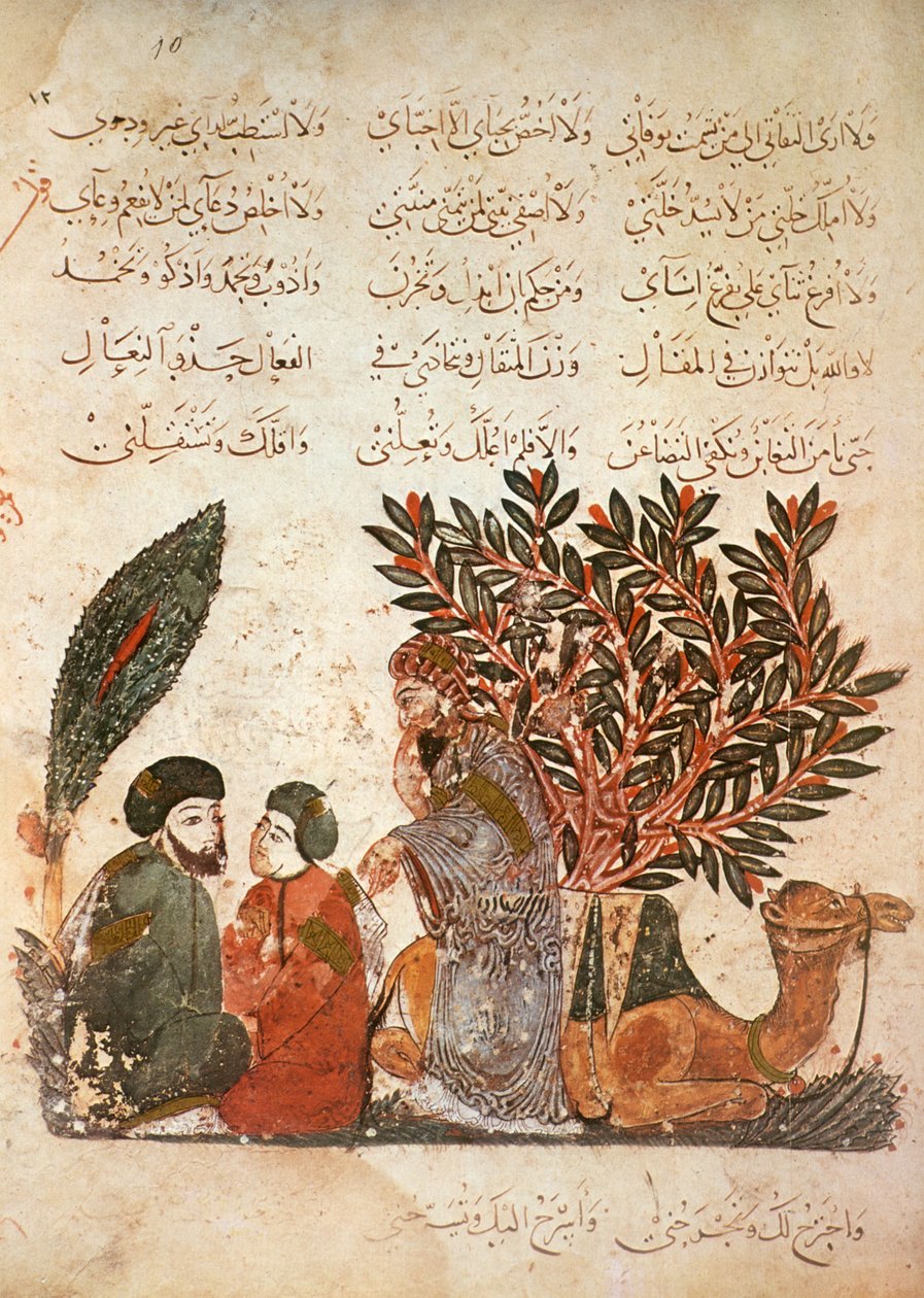 Ms Ar 5847 f.10, De karavaan stopt: Al-Harith (al-Hariri) luistert naar een gesprek tussen een man en zijn zoon, uit Al Maqamat door Al Hariri, ca. 1240 door Yahya ibn Mahmud Al Wasiti