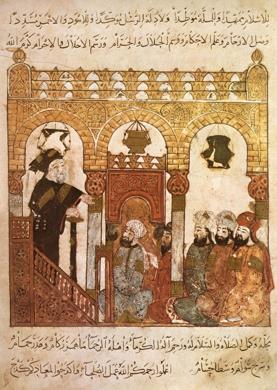 Abou Zayd predikt in een moskee in Samarkhand, uit Maqamat door Al Hariri door Yahya ibn Mahmud Al Wasiti