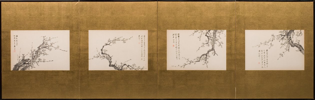 Prunusbloesems, kamerscherm, Edo-periode 1844 (inkt op papier) (zie ook 752778-82) door Yamamoto Baiitsu