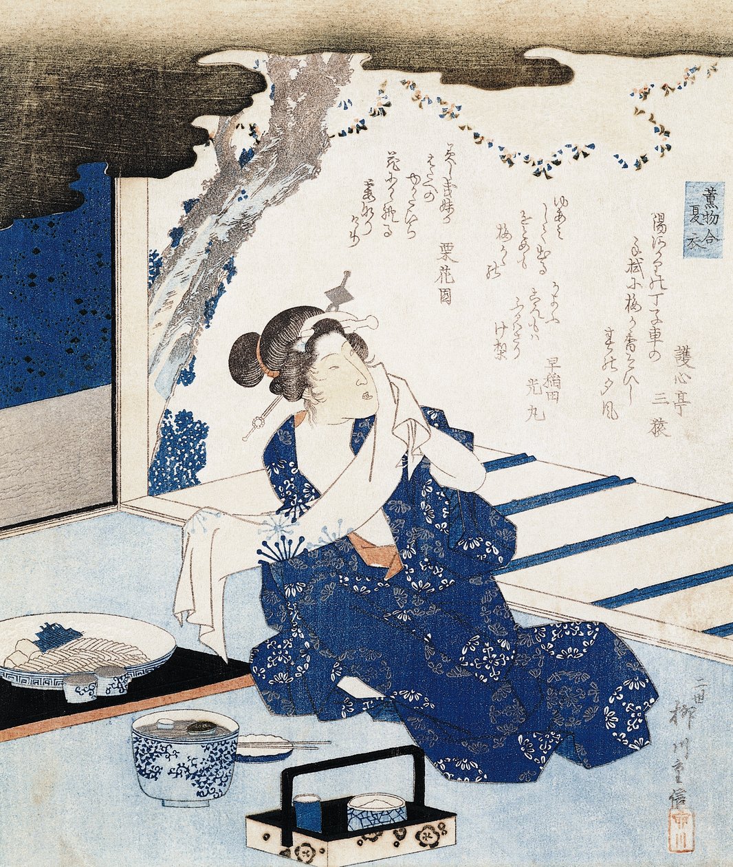 Courtisane in yukata (blauw-witte katoenen kimono), wandpaneel versierd met gedicht door Yanagawa II Shigenobu