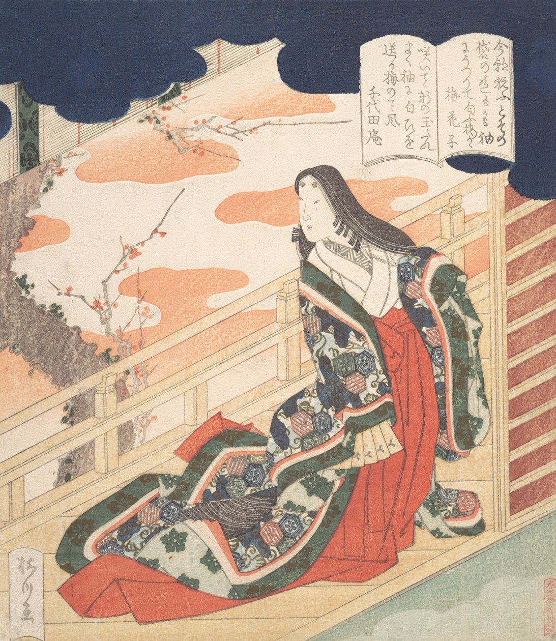 Hofdame die de pruimenbloesem prijst, 1830 door Yanagawa Shigenobu