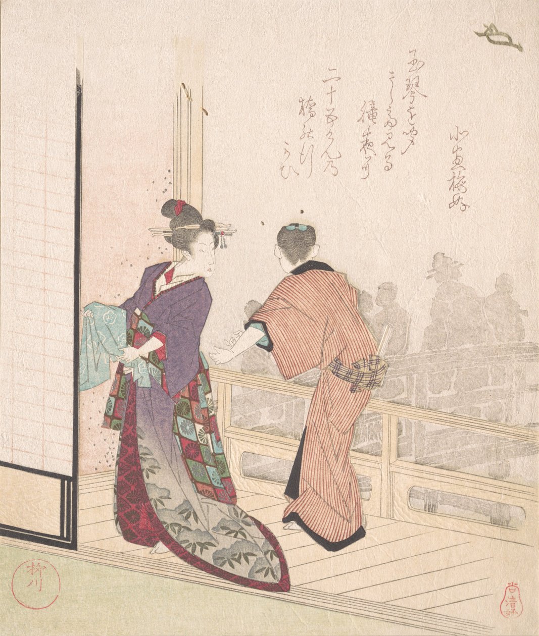 Scène op de Veranda van een Theehuis, 18e-19e eeuw door Yanagawa Shigenobu