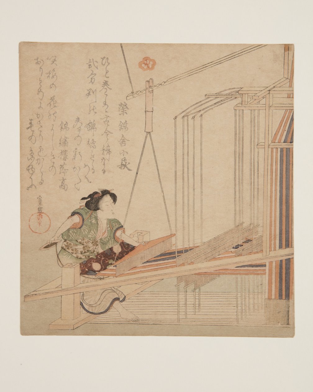Vrouw die aan een weefgetouw weeft door Yanagawa Shigenobu