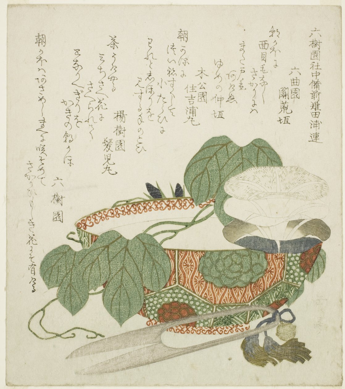 Kom, schaar en ochtendglorie door Yashima Gakutei