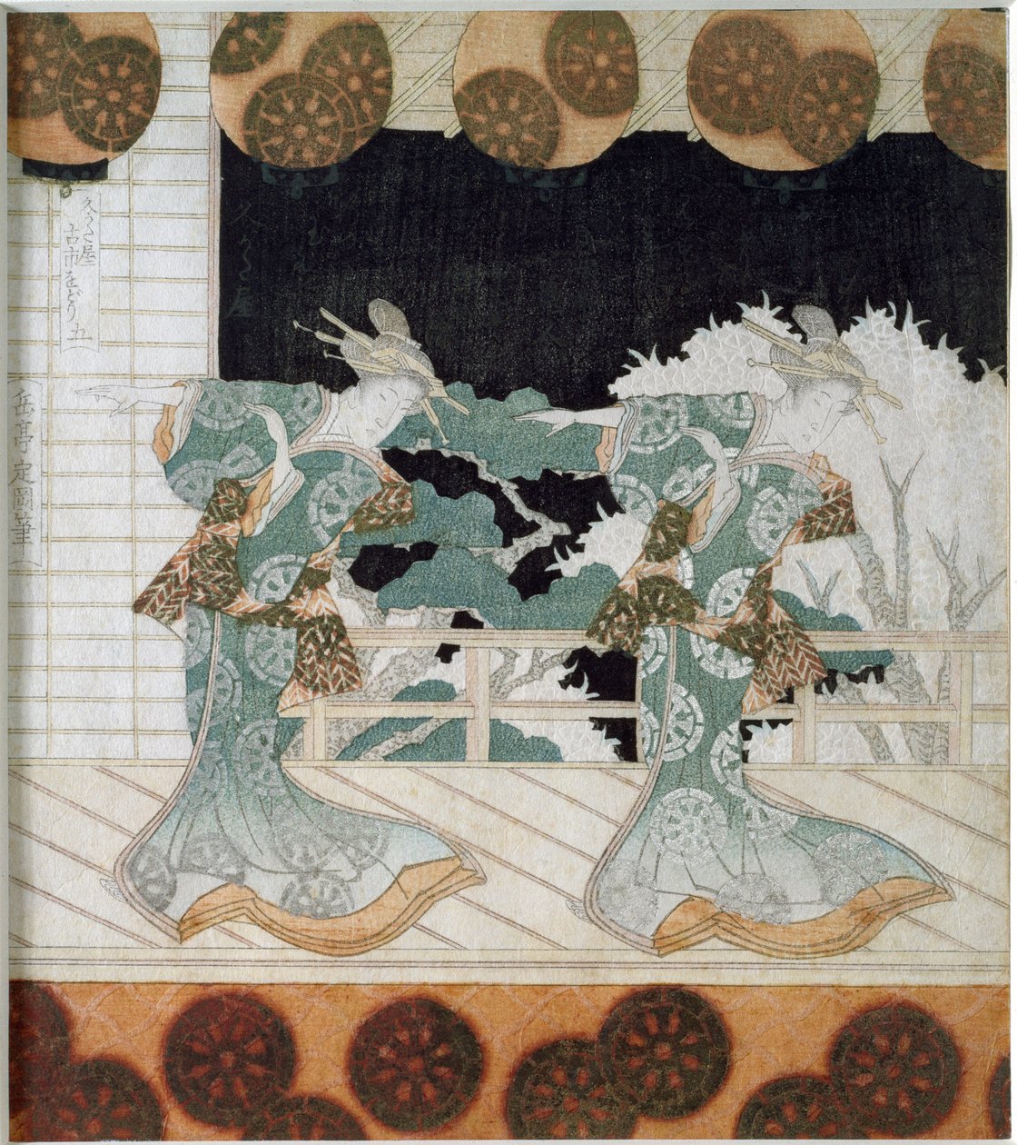 Dansers in traditionele kostuums op een scène (Japanse prent Surimono) door Yashima Gakutei