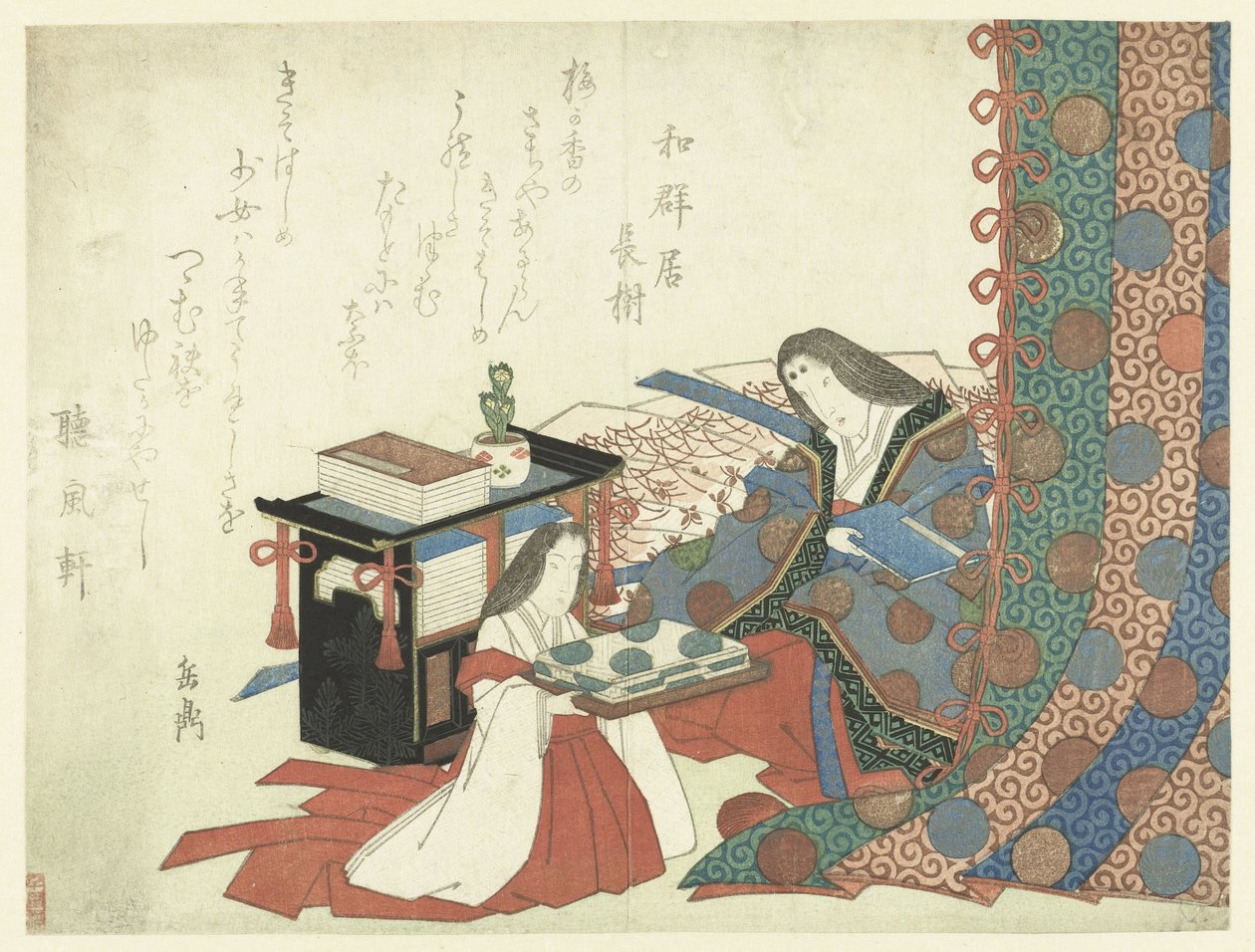 Page-meisje biedt kleren aan een dame aan door Yashima Gakutei