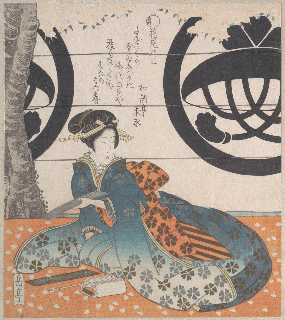 Vrouw zittend onder een kersenboom, op het punt een gedicht te schrijven op een vel papier voor gedichten (tanzaku) door Yashima Gakutei
