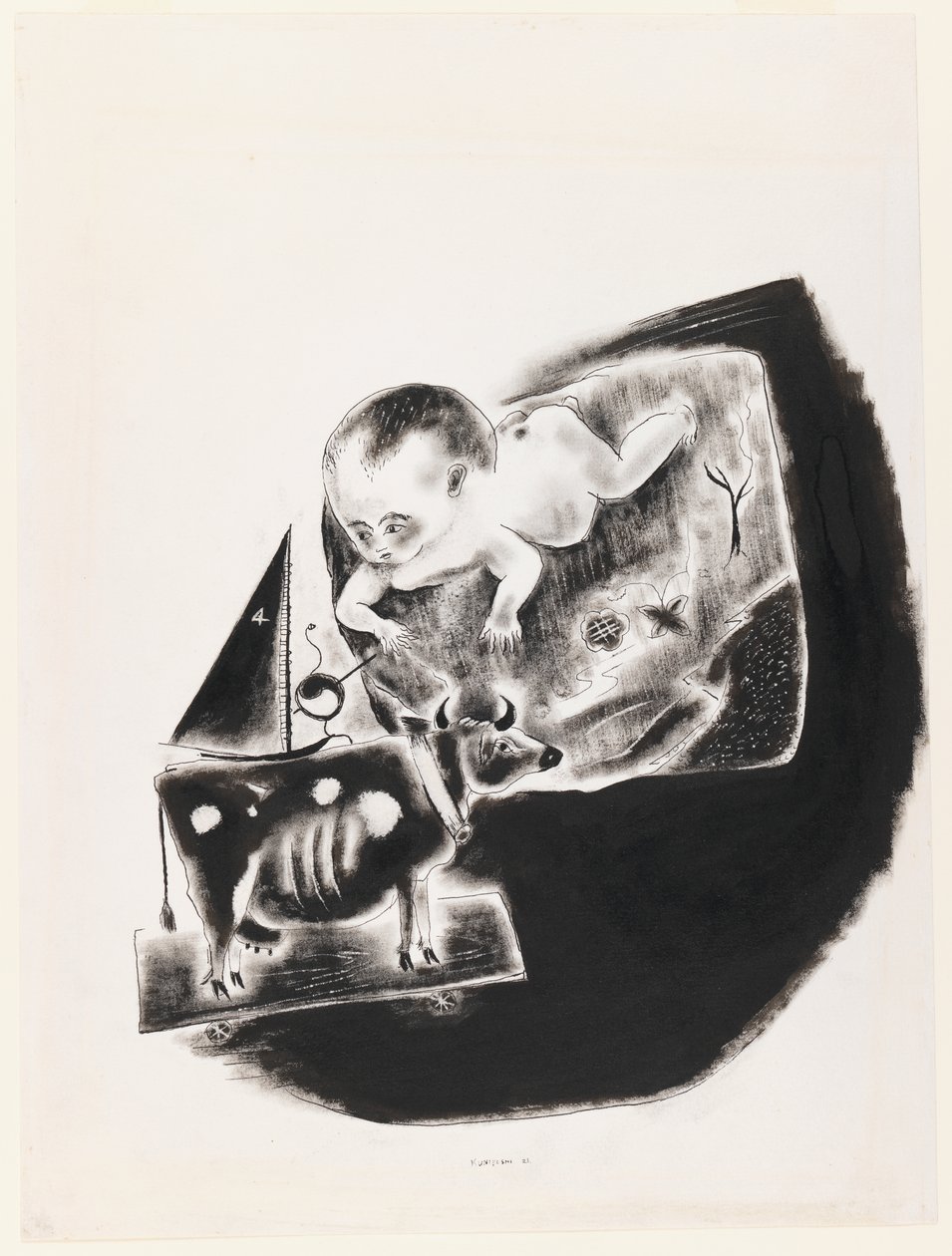Baby en speelgoedkoe door Yasuo Kuniyoshi