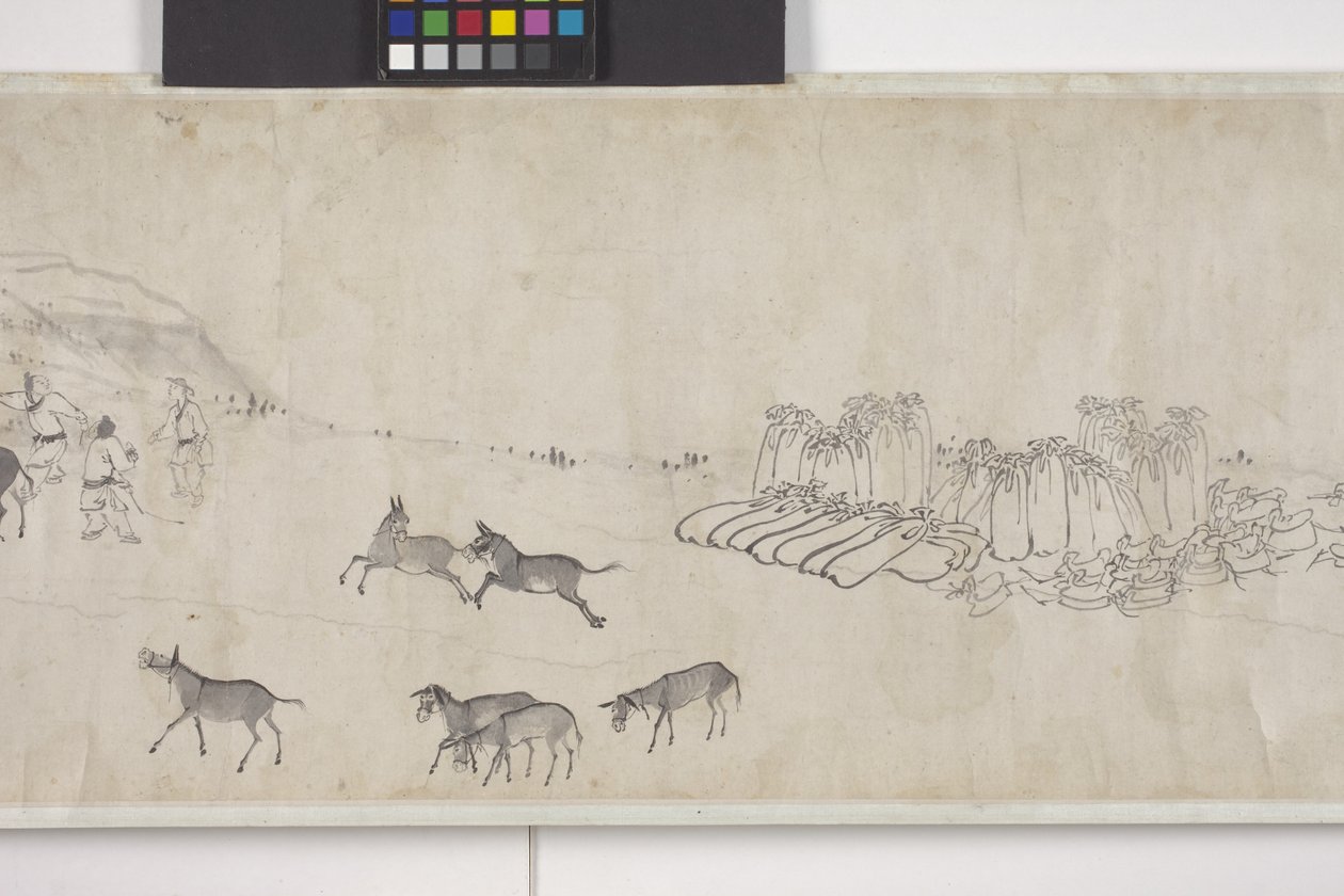 Honderd ezels die graan vervoeren, handrol, ca. 1700 door Ye Yin