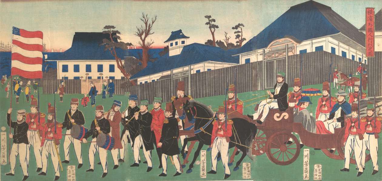 Afbeelding van een processie van buitenlanders in Yokohama, 2e maand, 1861 door Yoshikazu
