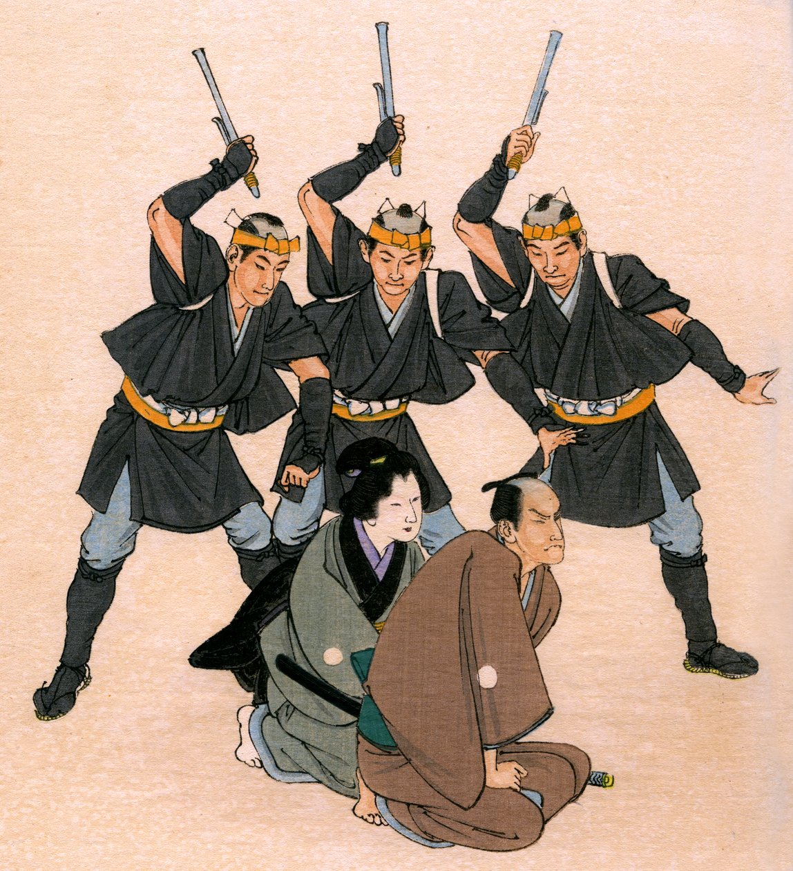 Traditioneel Japans theater: drie gewapende mannen bedreigen een mannelijke en een vrouwelijke personage door Yoshimune Arai