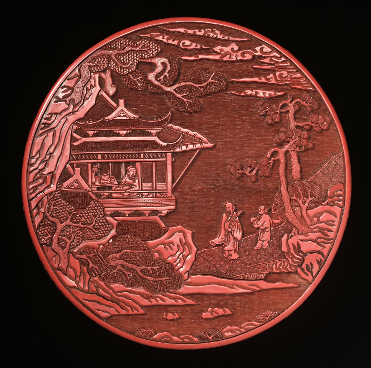 Ronde gesneden cinnaberdoos en deksel door Yuan Dynasty Chinese School