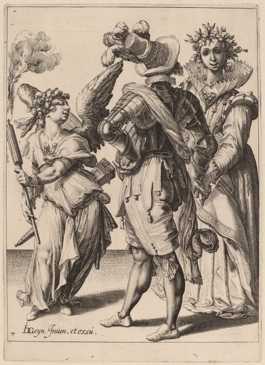 Een geblinddoekte Cupido die een fakkel voor een paar houdt door Zacharias Dolendo after Jacques de Gheyn II