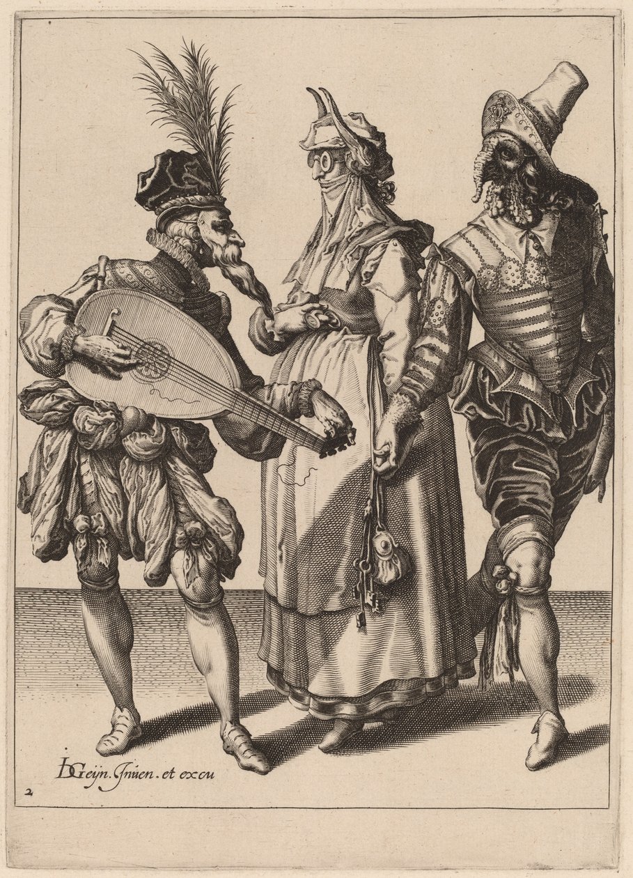 Een paar aangesproken door een luitspeler door Zacharias Dolendo after Jacques de Gheyn II