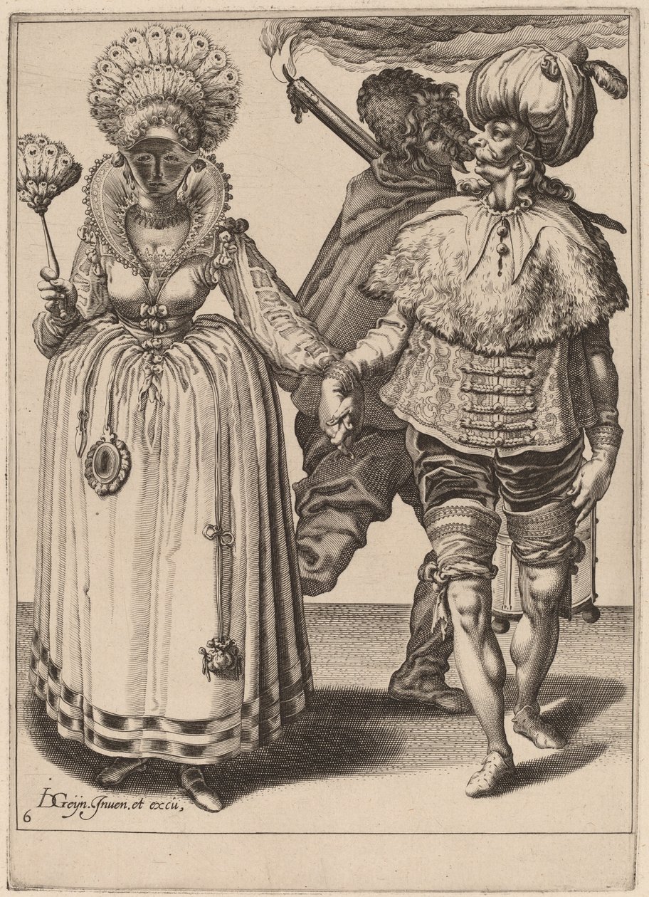 Een Man met een Tulband die een Vrouw met Pauwenveren Leidt door Zacharias Dolendo after Jacques de Gheyn II