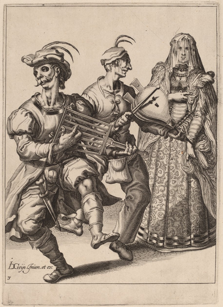 Een gesluierde vrouw met twee muzikanten die een rooster en een blaasbalg bespelen door Zacharias Dolendo after Jacques de Gheyn II