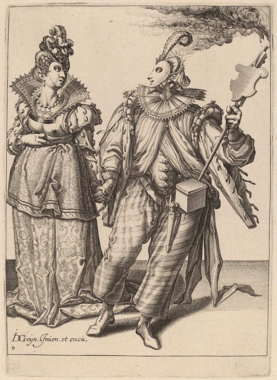 Een Vrouw Geleid door een Speler met een Fakkel door Zacharias Dolendo after Jacques de Gheyn II