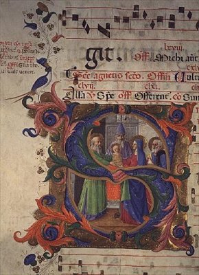 Missaal 515 f.28v Geïllustreerde initiaal S die de Presentatie in de Tempel toont, 1448-49 door Zanobi di Benedetto Strozzi