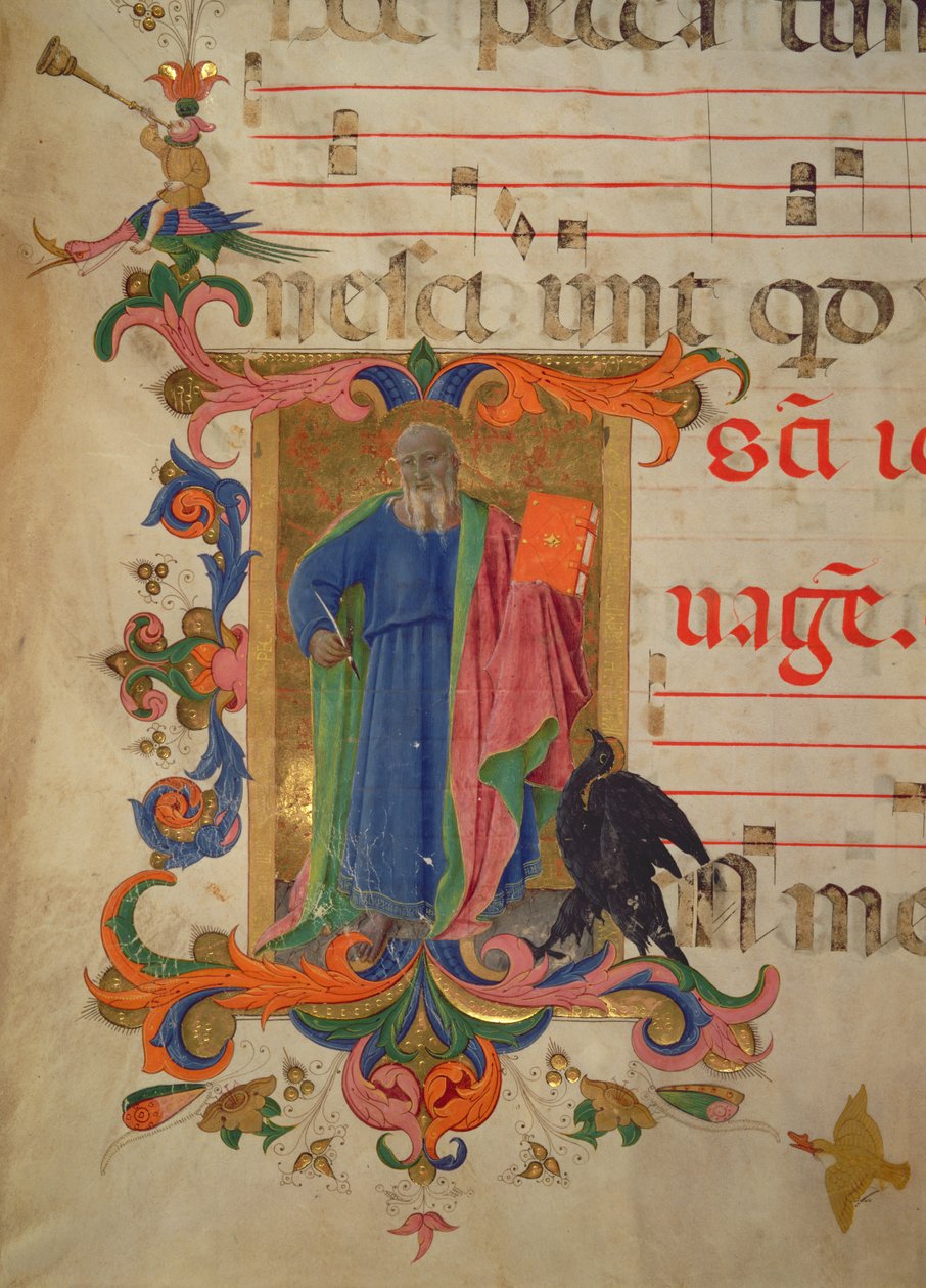 Missaal 515 f.9r St. Johannes de Evangelist, rand verlicht door Filippo do Mateo Torelli detail uit een Koorboek uitgevoerd voor 1449 door Zanobi di Benedetto Strozzi