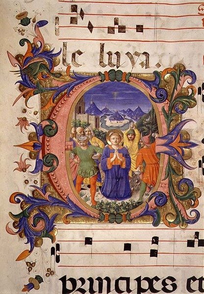 Het Martelaarschap van St. Stephen afgebeeld in een versierde initiaal, de rand verlicht door Filippo di Mateo Torelli uit een Koorboek uitgevoerd voor 1449 door Zanobi di Benedetto Strozzi