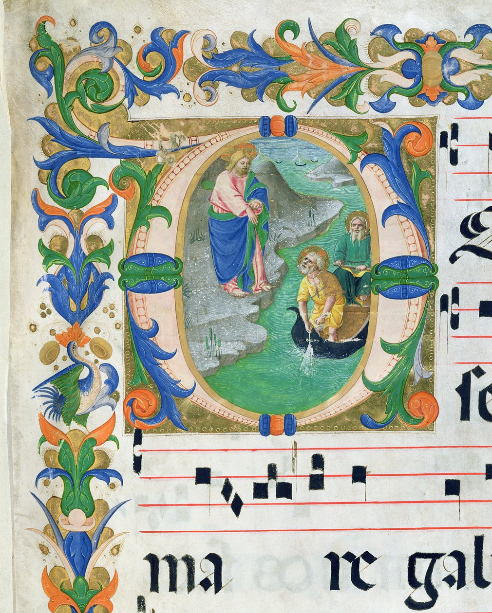 Ms 515 f.1r Het wonderbaarlijke vissen, uit een koorboek, uitgevoerd voor 1449 (detail) door Zanobi di Benedetto Strozzi