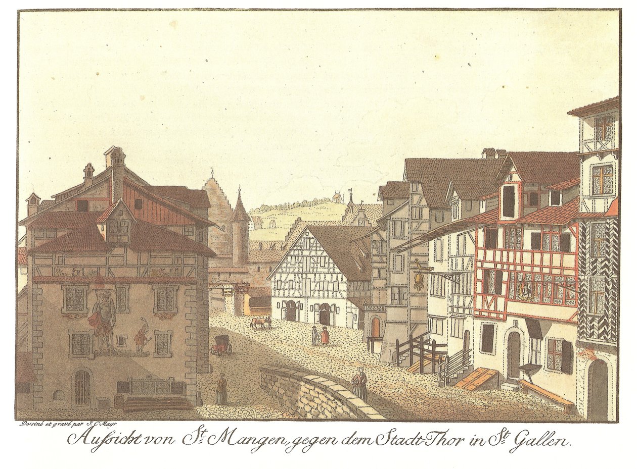 Uitzicht van St. Mangen naar de Stadspoort in St. Gallen (Oorspronkelijke titel) door Zeichner und Kupferstecher