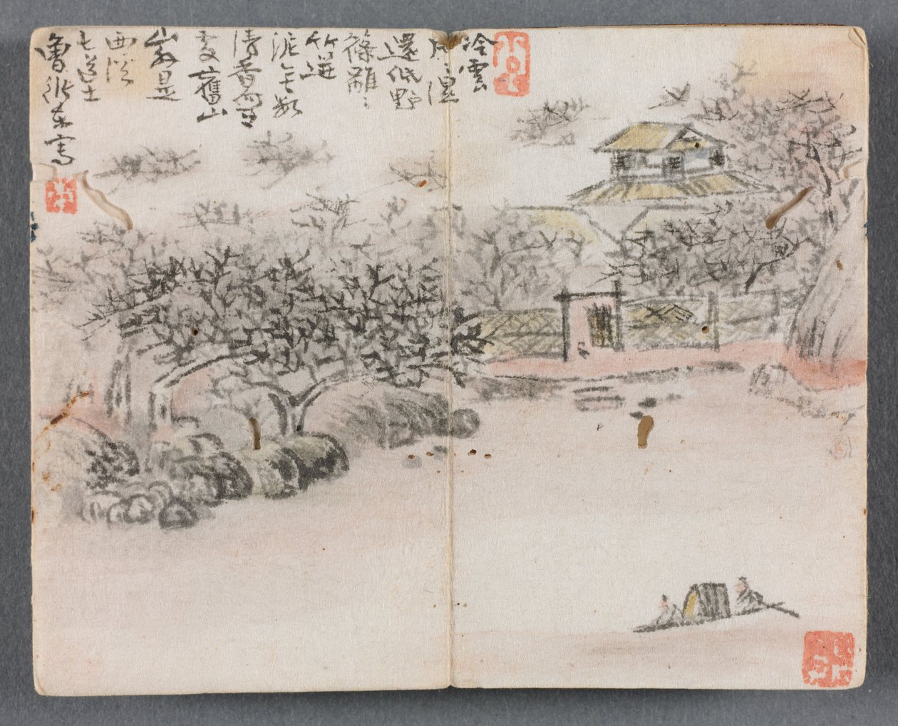 Miniatuuralbum met figuren en landschap (Landschap met twee schippers) door Zeng Yandong