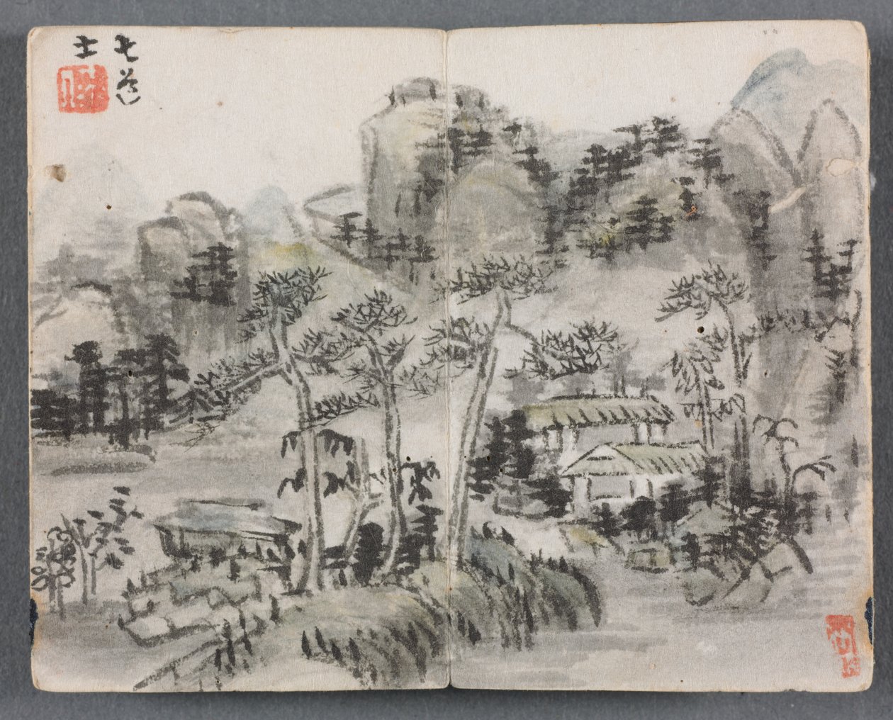 Miniatuuralbum met figuren en landschap (Landschap met twee gebouwen) door Zeng Yandong