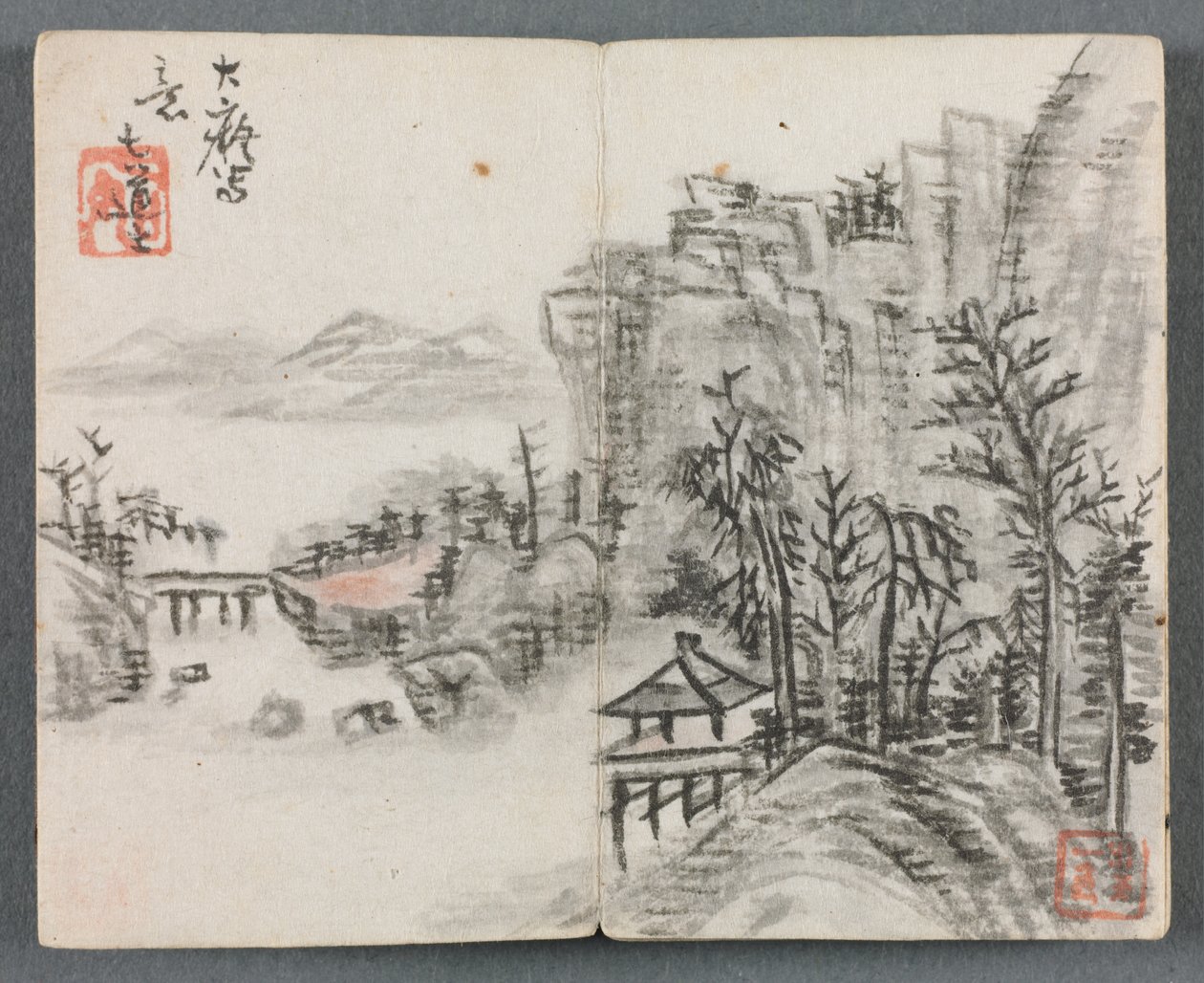 Miniatuuralbum met figuren en landschap Kliflandschap met brug, 1822 door Zeng Yangdong