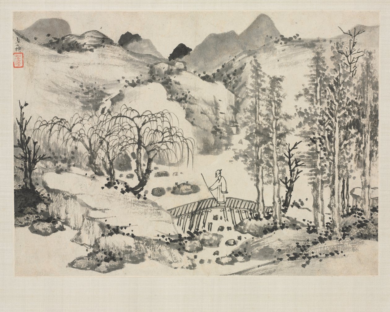 Landschapsalbum in verschillende stijlen: Landschap met kunstenaar op een brug door Zha Shibiao