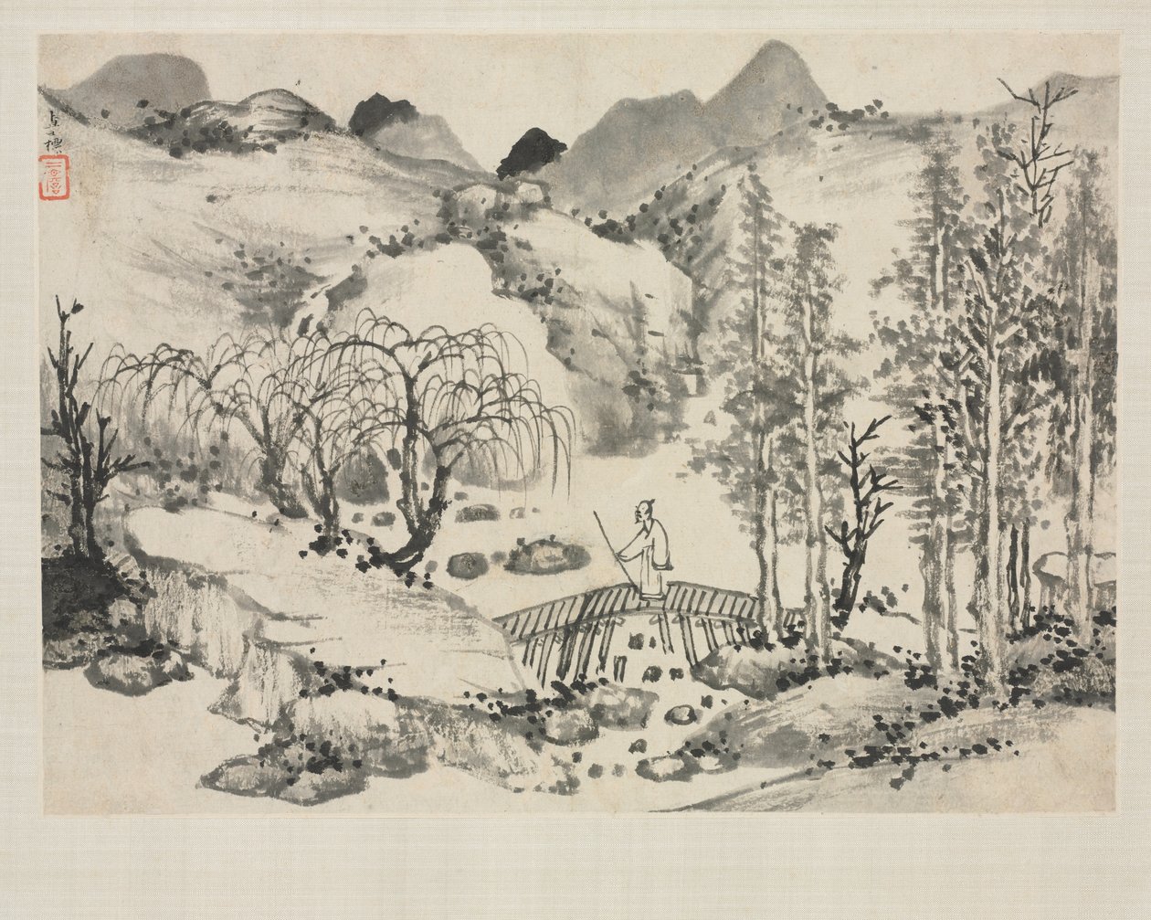 Landschapsalbum in verschillende stijlen: Landschap met kunstenaar op een brug, 1684 door Zha Shibiao
