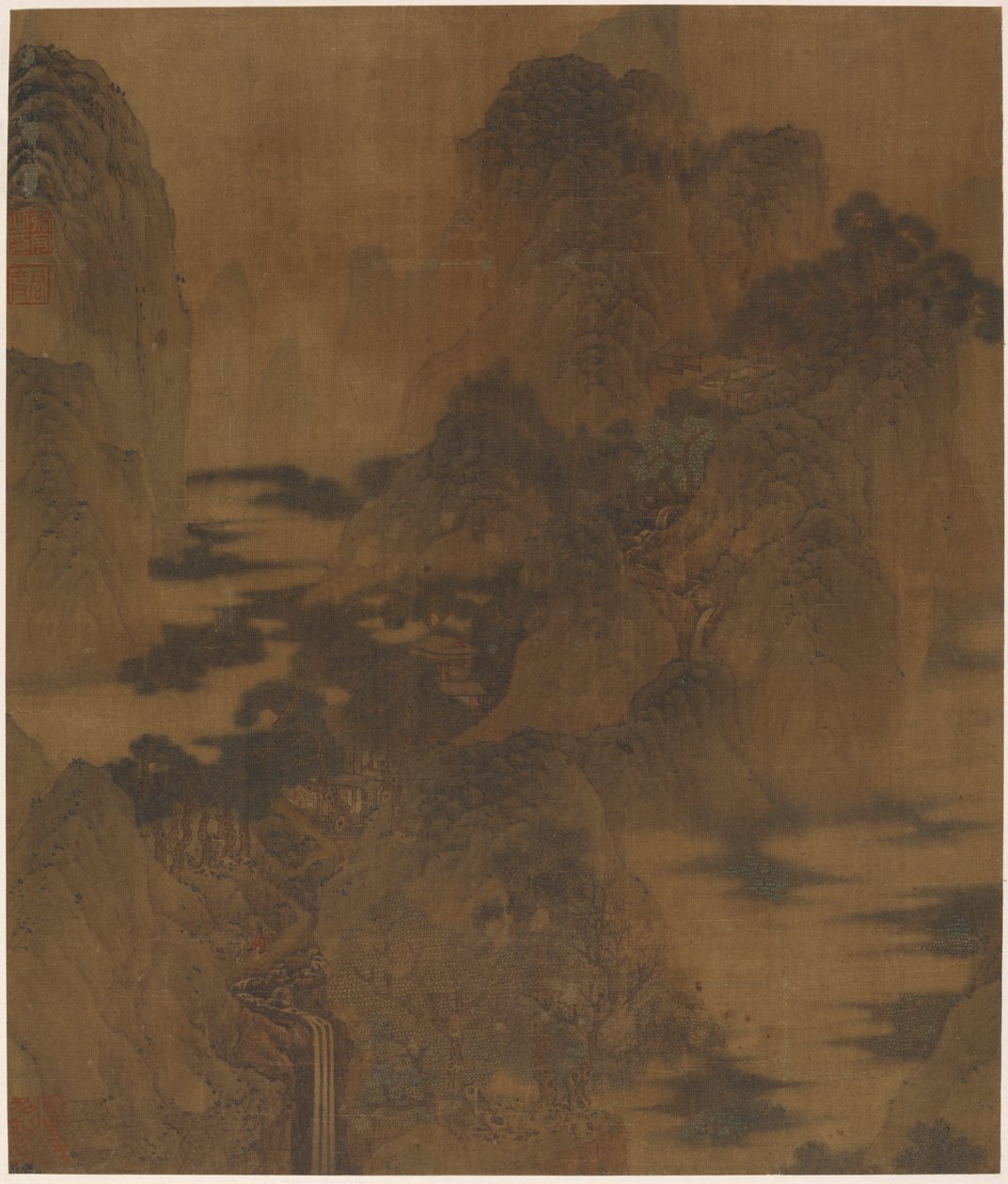 Landschap: bergkloof, mist, een beek en gebouwen door Zhang Hong
