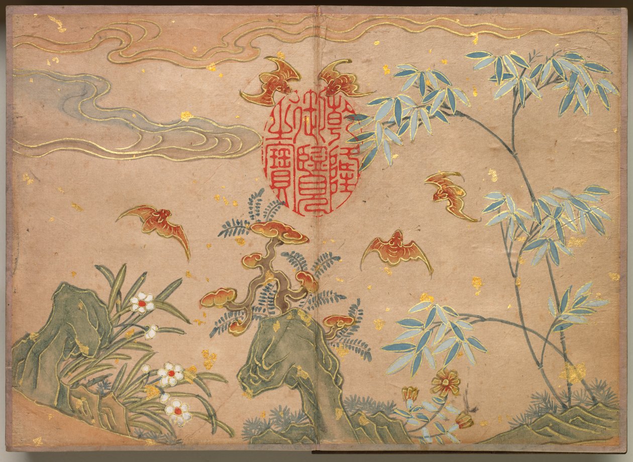 Bureau Album: Bloemen en Vogel Schilderijen Vleermuizen, rotsen, bloemen ovale kalligrafie, 18e eeuw door Zhang Ruoai