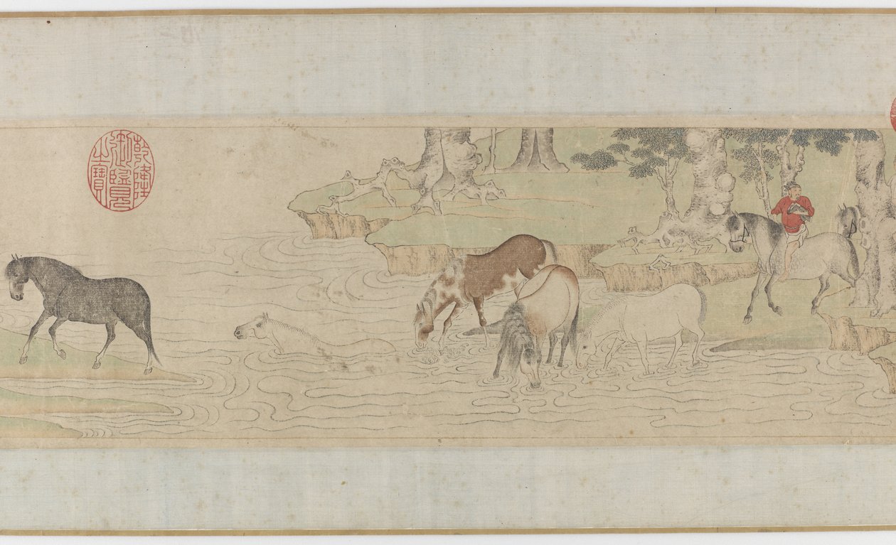 Paarden en stalknechten steken een rivier over, Yuan of vroege Ming-dynastie, 14e eeuw door Zhao Mengfu Chao Meng Fu or