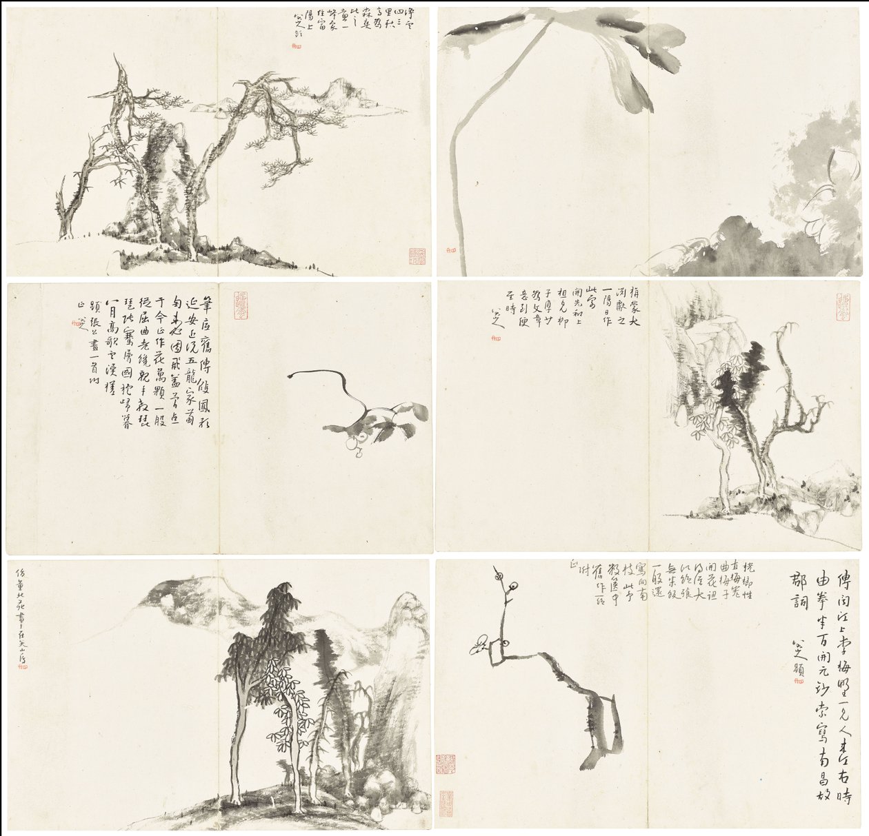 Landschappen en bloemen, album van zes bladeren door Zhu da Bada Shanren