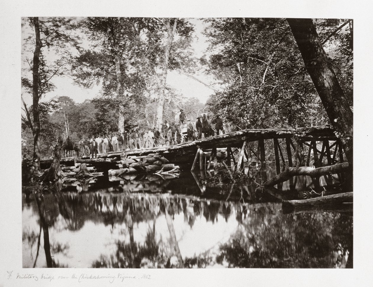 Een militaire brug over de Chickahominy, Virginia, VS, ca. 1862 door Ferdinand Georg Waldmuller