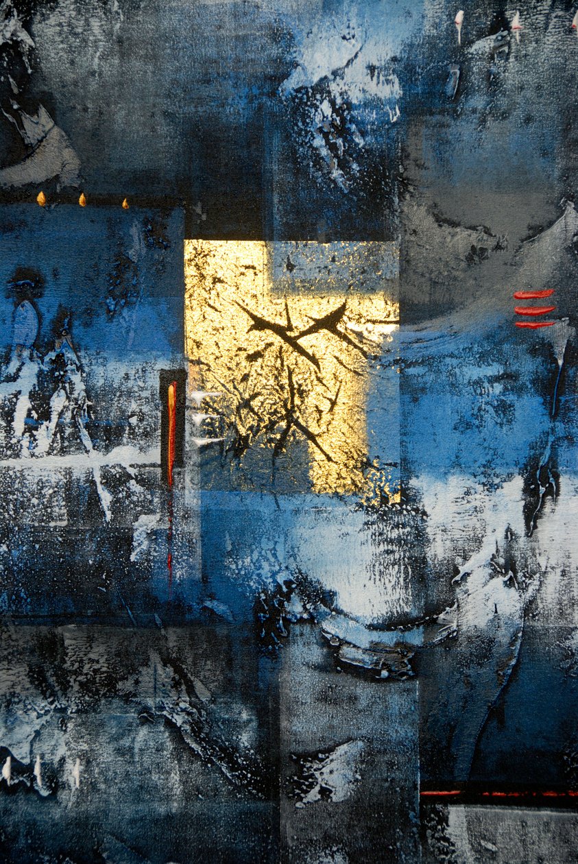 Abstracte kunst; schilderij in de kleuren goud; blauw; zwart en grijs; Ubud; Bali; Indonesië; Zuidoost-Azië; Azië door Frederick (attr. to) Barnard