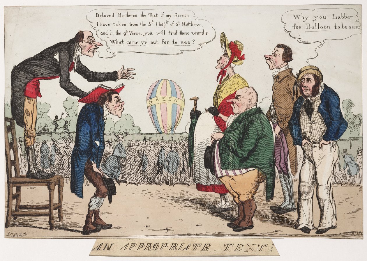 Een Passende Tekst!, satirische ballonvaart schets, circa 1842 door Frederick (attr. to) Barnard