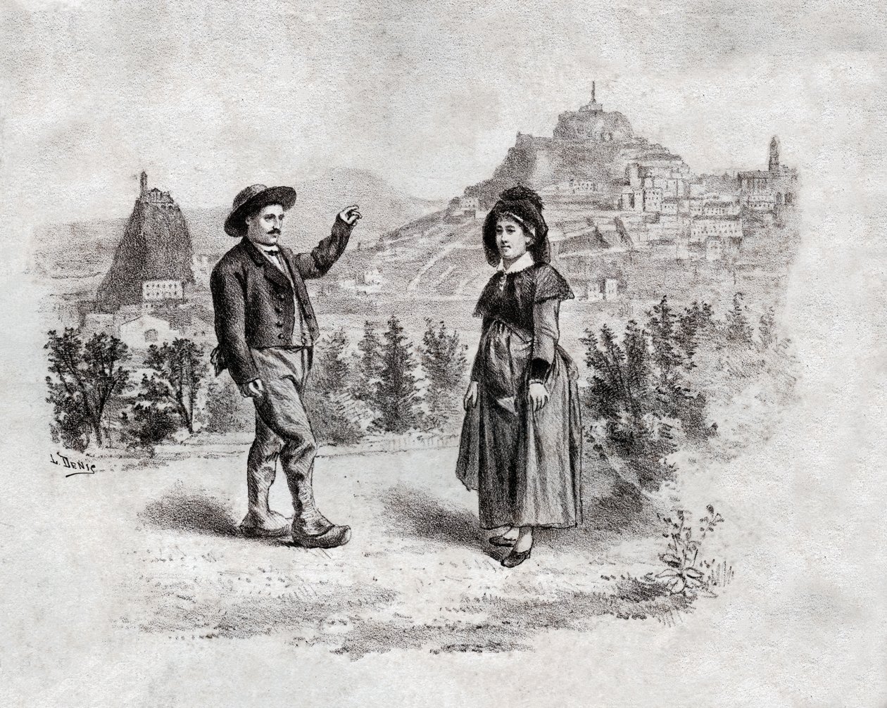 Auvergnats dansen de vulling in Puy en Velay, Frankrijk. circa 1900 (gravure) door . .