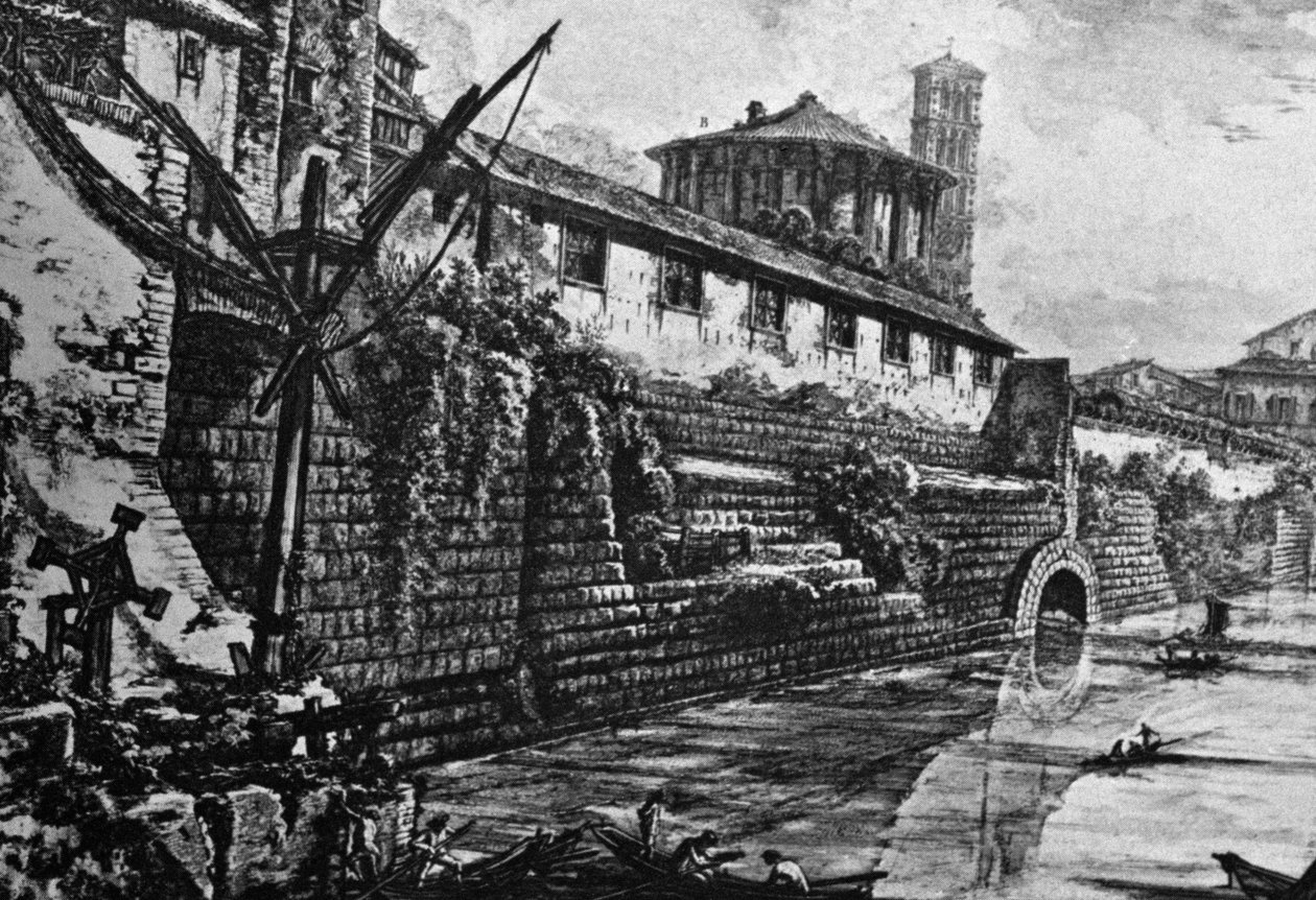 Cloaca Maxima (oud rioleringssysteem) en Tempel van Vesta of Hercules Victor, gravure door Giovanni Battista Piranesi (1720-1778), Italië door William Walcutt