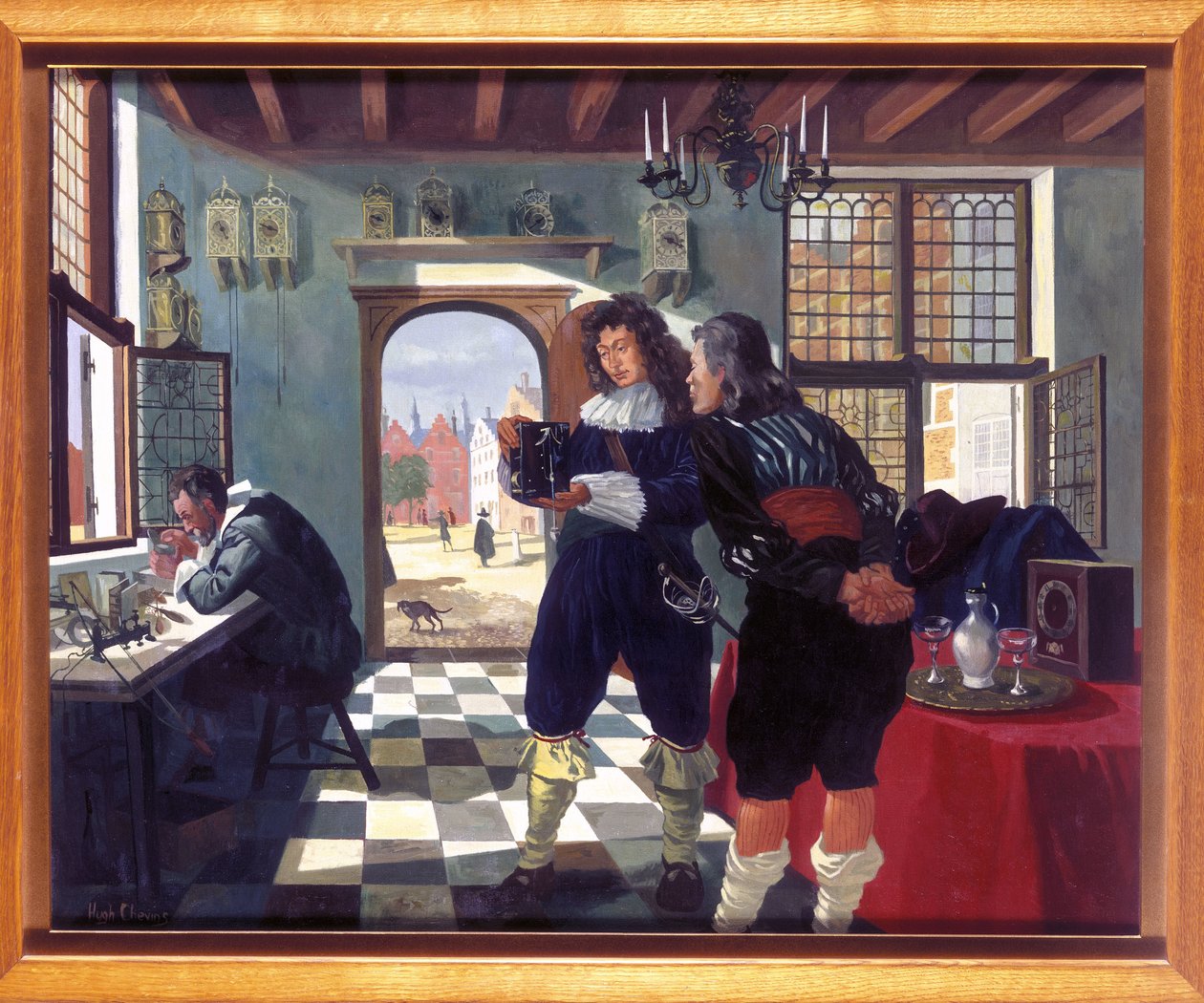 Klok- en horlogemakers Christiaan Huygens in de klokkenmakerswinkel van Salomon Coster door Frederick (attr. to) Barnard