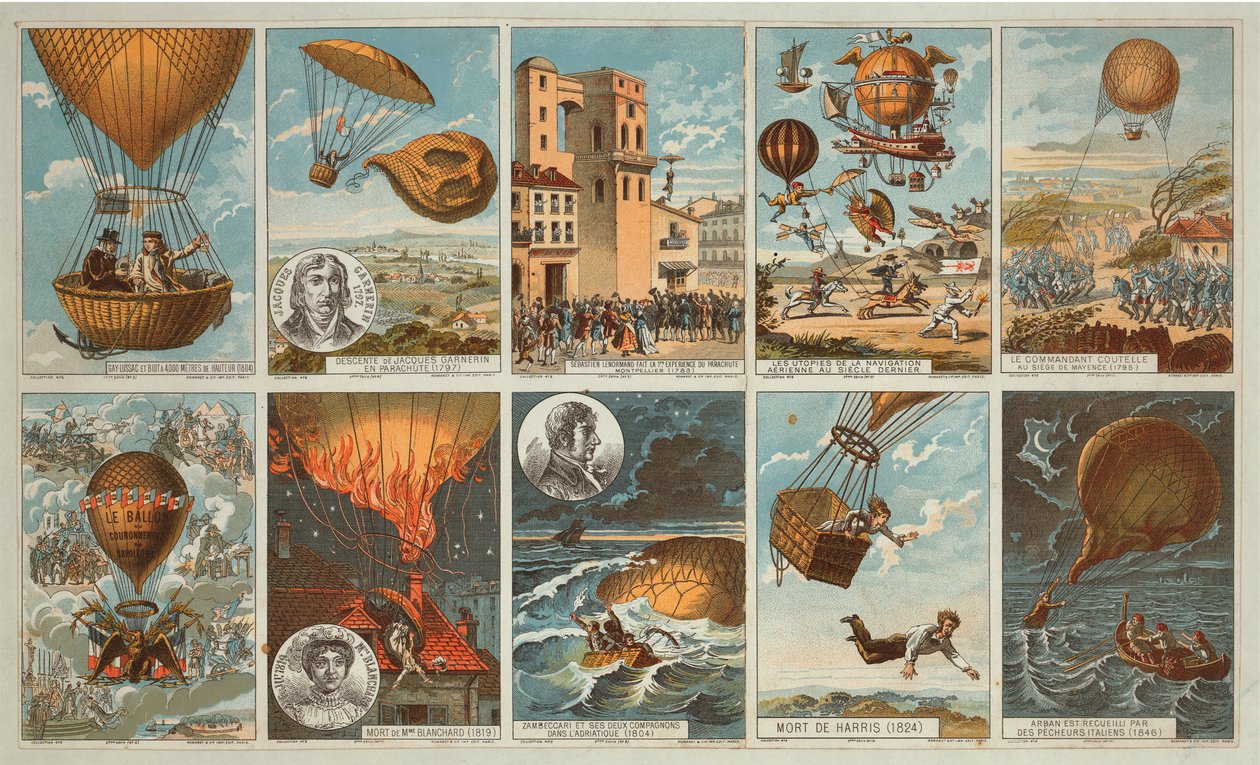 Verzamelkaarten met afbeeldingen van gebeurtenissen in de ballonvaartgeschiedenis van 1795 tot 1846, c.1900 door . .