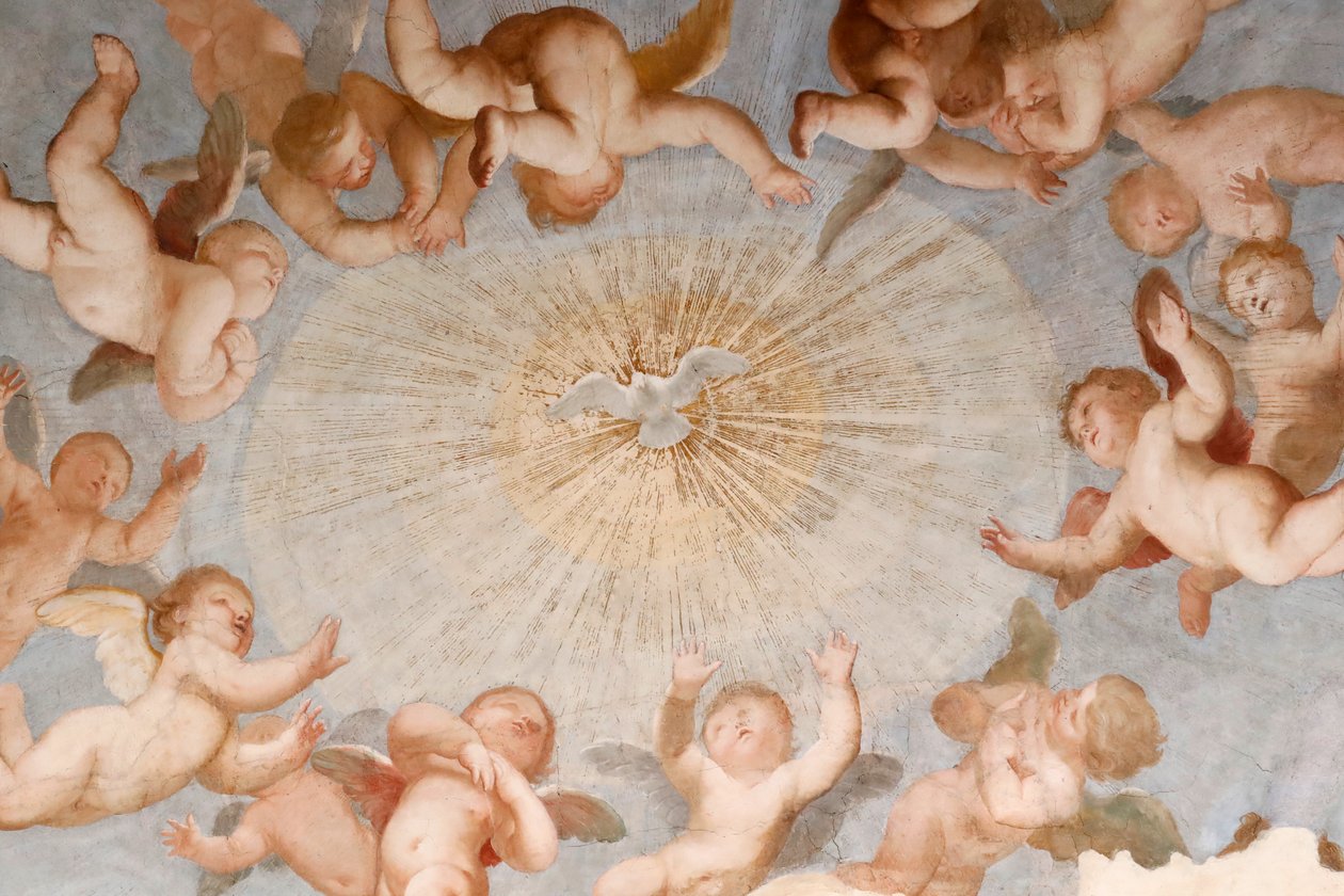 Duif van de Heilige Geest. Fresco. De Basilica della Santissima Annunziata del Vastato. Genua. Italië. door . .