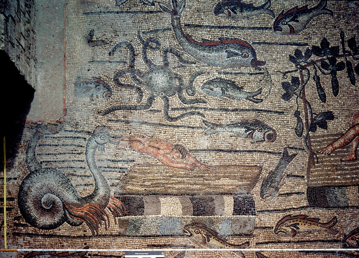 Jona wordt uitgespuwd door de walvis, detail van een decoratieve vloer die christelijke beelden en heidense symbolen afbeeldt, ca. 313 AD door Hippolyte Lalaise Devéria