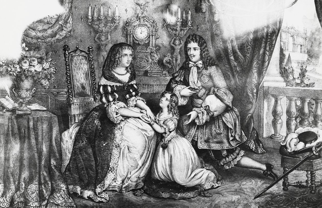 Koning Lodewijk XIV en zijn dochter smeken hertogin Louise de La Valliere om zich niet terug te trekken in het klooster door Georg Carl Heinrich Dollmann