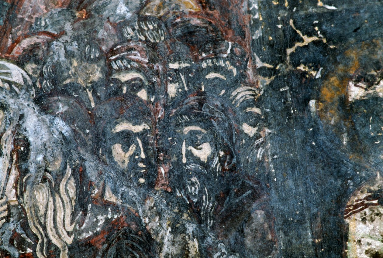 Mannelijke figuren, beschadigde fresco op plafond van kerk van Agios Vasileios, Vavouledo, Kreta, Griekenland door Georg Carl Heinrich Dollmann