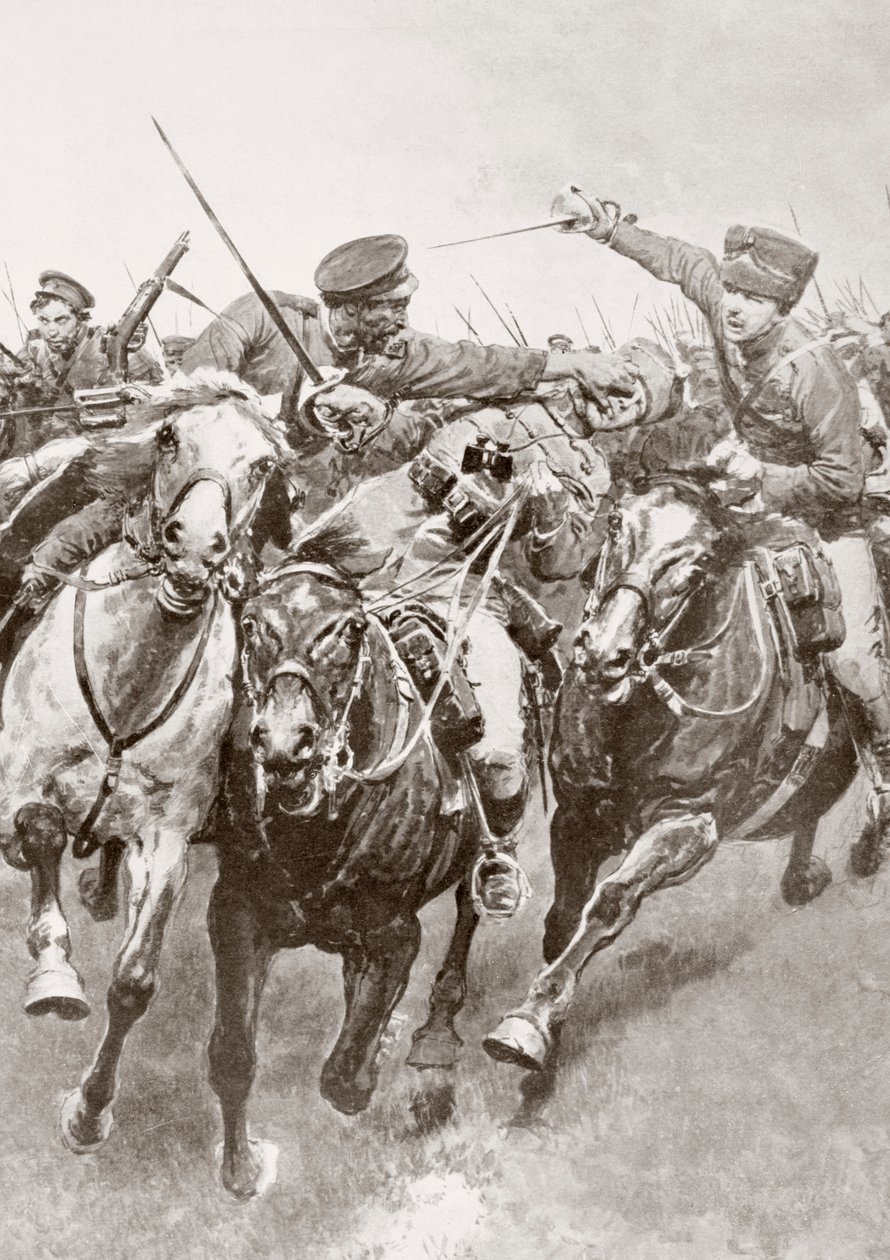 Gevecht te paard tussen Russische kozakken en Duitse cavalerie bekend als de Hussaren van de Dood in Schwansfeld, tussen Korschen en Bartenstein, Oost-Pruisen, augustus 1914 tijdens de Eerste Wereldoorlog, uit La Esfera door Ferdinand Georg Waldmuller