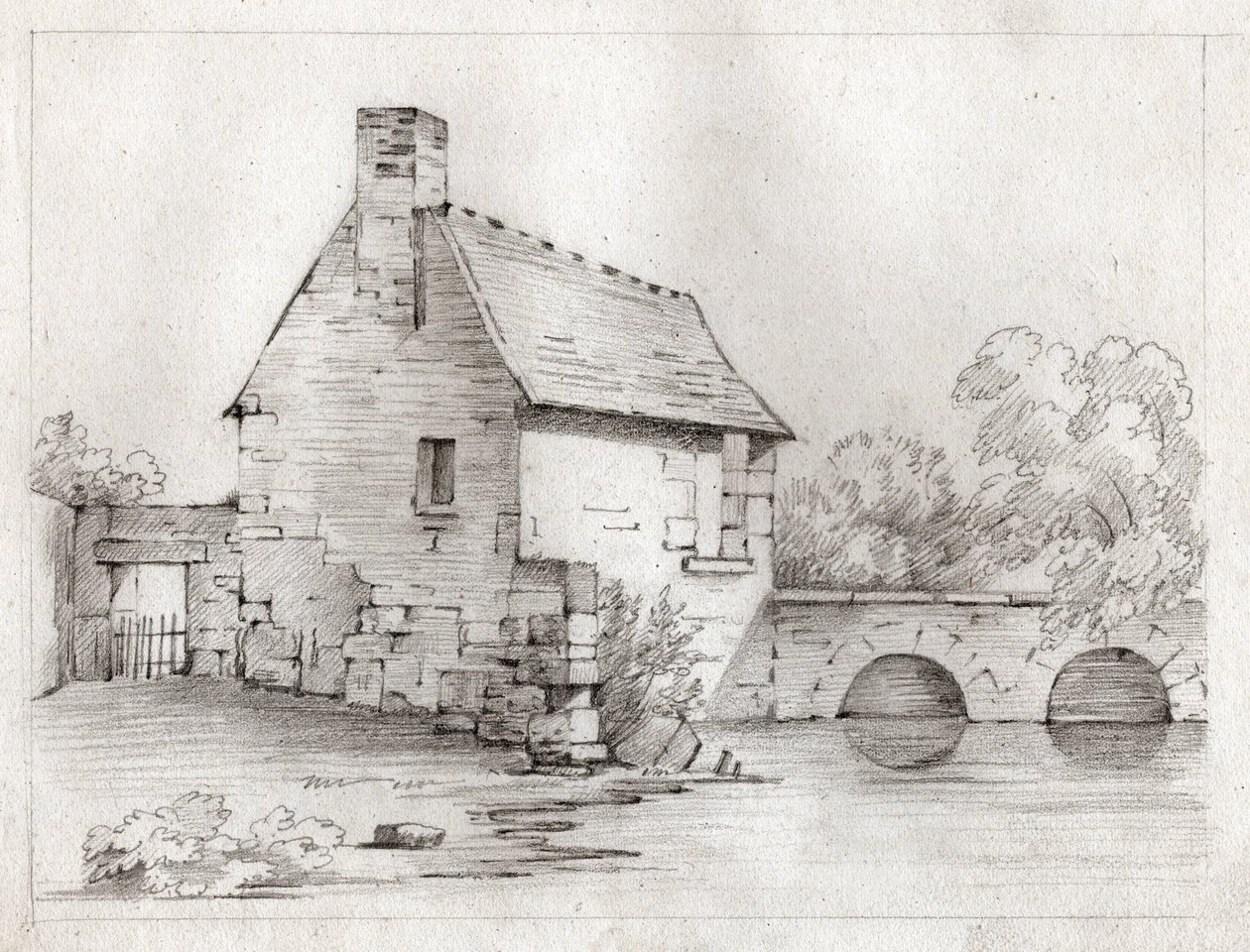 Boerenhuis aan de rand van een rivier. circa 1830 (illustratie) door . .